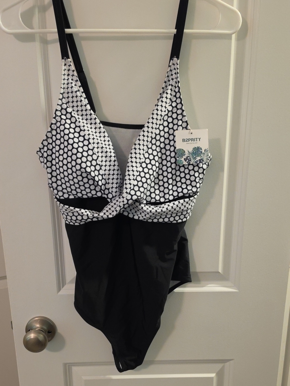 B2PRITY Black and White Polka Dot Twist-Front One-Piece Swim